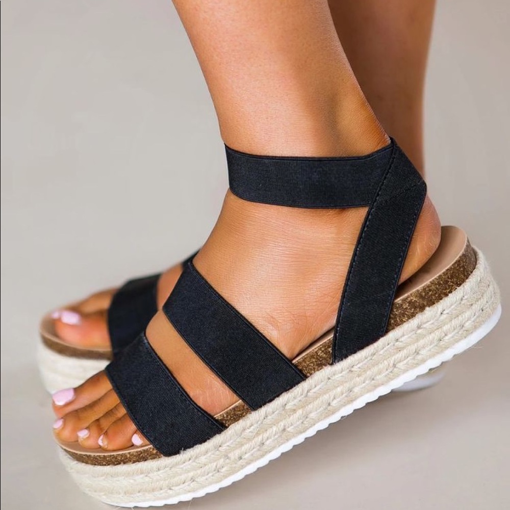 Black Espadrilles Platform Two Strap Sandals Twine
